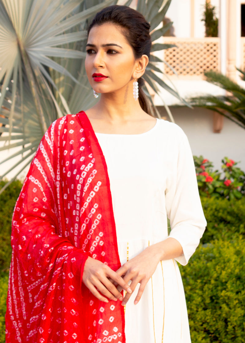 Floral white long anarkali dress with red dupatta - Ethnic Race